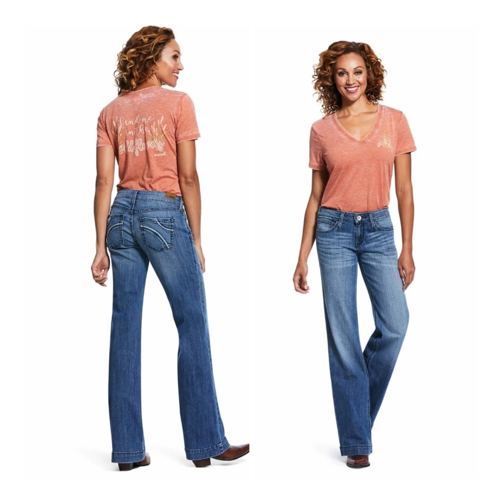 ARIAT Women's Trouser Mid Rise Stretch Half Moon Wide Leg Jean Sz 28 r NEW